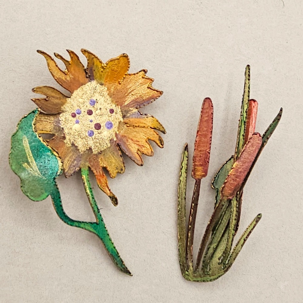 Vintage Brooch Pin Set Sunflower & Cattails Metal Floral Nature Boho Whimsical